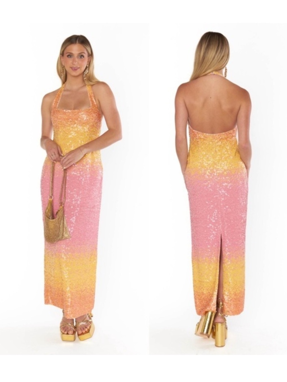 $348 NWT Show Me Your MuMu Samba Midi Dress in Sundown Ombré Pink butter yellow